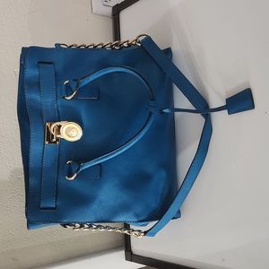 MICHAEL KORS HAMILTON LARGE TURQUOISE SAFFIANO LEATHER TOTE BAG GOLD HARDWARE